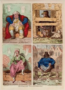 Národní komodity. (popis a srovnání toalet v Anglii, Skotsku, Francii a Holandsku). Dílo Jamese Gillraye (1757-1815), rytina a akvarel od James Gillray