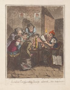 Londýnská korespondenční společnost, znepokojená, vide. Guilty Consciences, hospoda. 1796 (ručně kolorovaná rytina)