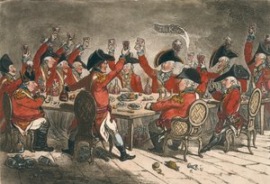 Loyal Souls, aneb A Peep into the Mess Room at St. James, vydal Hannah Humphrey v roce 1797 (ručně kolorovaný lept)