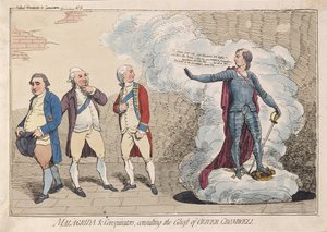 Malagrida & Conspirators, consulting the Ghost of Oliver Cromwell, pub. 1782 (ručně kolorovaná rytina)