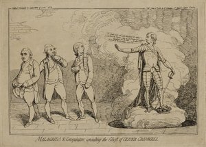 Malagrida and Conspirators, Consulting the Ghost of Oliver Cromwell, publikovaná 10. června 1782 (lept na položený papír vykládaný na tkaném papíře) od James Gillray