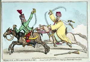 Mamlouk et Hussard Republicain, aneb Obecný výsledek Bonapartova útoku na zadní gardu Ibrahima Beye, vydané Hannah Humphrey v roce 1799 (ručně kolorovaný lept) od James Gillray