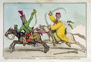 Mamlouk et Hussard Republicain aneb Obecný výsledek Bonapartova útoku na zadní gardu Ibrahima Beye (1735-1817), vydaný Hannah Humphrey v roce 1799 (ručně kolorovaný lept)