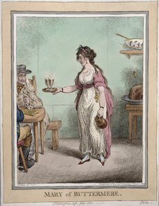 Mary of Buttermere, načrtnutá ze života v červenci 1800, publikovala Hannah Humphrey v roce 1802 (ručně kolorovaný lept)