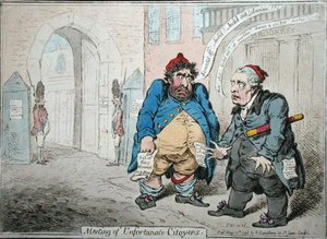 Setkání nešťastných Citoyenů, publikovala Hannah Humphrey v roce 1798 (ručně kolorovaný lept) od James Gillray
