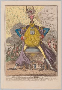 Midas, Transmuting all into [Gold] Paper, pub. 1797 (ručně kolorovaná rytina)