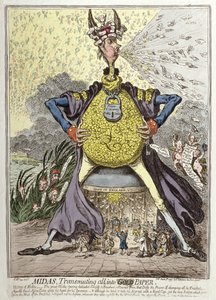 Midas Transmuting all into Gold Paper, publikovala Hannah Humphrey v roce 1797 (ručně kolorovaný lept)
