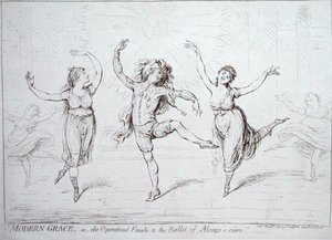 Modern Grace, neboli operní finále baletu Alonzo e caro, vydané Hannah Humphrey v roce 1796 (pero a inkoust na papíře) od James Gillray
