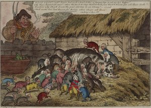 Více prasat než struků aneb – nový vrh hladových bručounů, vysávajících k smrti starou prasnici Johna Bulla, 9. května od James Gillray