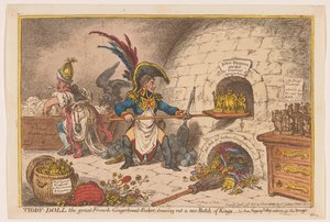 Napoleon peče novou porci králů, 1806 Tiddy-Doll, velký francouzský-perník-pekař; vylosování nové dávky králů (název na objektu) od James Gillray