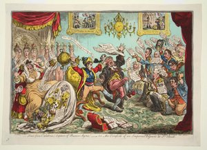 Novinky z Kalábrie! Dobytí Buenos Ayres! - tj. - The Comforts of an Imperial Dejeune at St Clouds, pub. 1806 (ručně kolorovaná rytina)