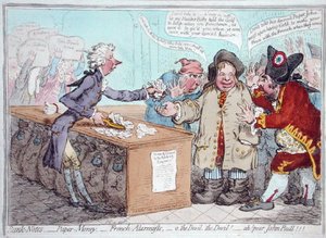 Opening of the Budget aneb John Bull dává kalhoty, aby zachránil svou slaninu, vydal Hannah Humphrey v roce 1796 (ručně kolorovaný lept) od James Gillray