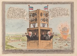 Opoziční telegrafy aneb malý prozíravý právník podávající pravdivý exemplář Vlasteneckých informací, hospoda. 1798 (ručně kolorovaná rytina)