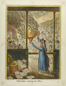 Pandora otevírá svou skříňku od James Gillray