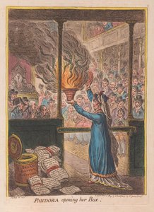 Pandora otevírá svou skříňku, hospoda. 1809 (ručně kolorovaná rytina)