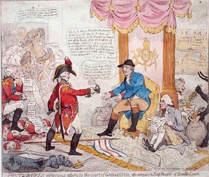 Pantagruelův vítězný návrat na dvůr Gargantua po vyhlazení Soup-Meagres of Bouaille Land, který vydala Hannah Humphrey v roce 1794 (ručně kolorovaný lept) od James Gillray