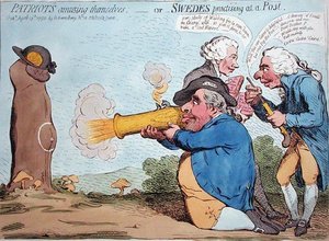 Vlastenci se baví aneb Švédové cvičící na poště, vydané Hannah Humphrey v roce 1792 (ručně kolorovaný lept) od James Gillray