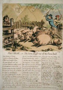 Prasečí maso aneb Svině vybičované ze dvora, vydal Hannah Humphrey v roce 1798 (ručně kolorovaný lept) od James Gillray