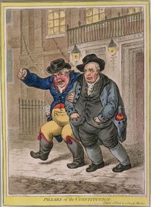 Pilíře ústavy: Tři hodiny a zamračené ráno, vydal Hannah Humphrey v roce 1809 (ručně kolorovaný lept)