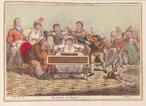 Hraní v Parts, hospoda. 1801 (ručně kolorovaná rytina)