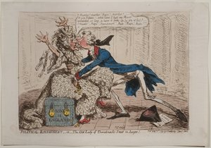 Political Ravishment, aneb Stará dáma Threadneedle Street v ohrožení!, vydal Hannah Humphrey, 1797 (ručně kolorovaný lept) od James Gillray
