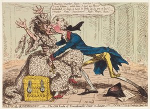 Political Ravishment, aneb stará dáma z Threadneedle Street v nebezpečí!, 1797 od James Gillray