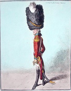 Portrét důstojníka, publikovala Hannah Humphrey v roce 1800 (ručně kolorovaný lept) od James Gillray