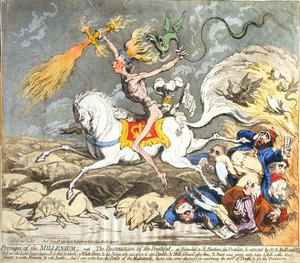 Presages of the Millennium, vydané Hannah Humphrey v roce 1795 (ručně kolorovaný lept, rytina a akvatinta)