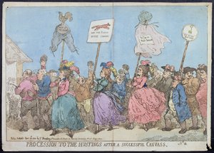 Procesí k Hustingům po úspěšném plátně, vydal G. Humphrey v roce 1784 (ručně kolorovaný lept)