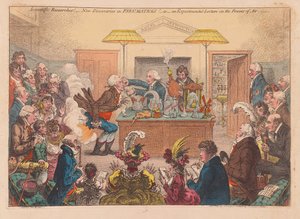 Vědecké výzkumy! Nové objevy v pneumatice! Nebo Experimentální přednáška o Powers osf Air, hospoda. 1802 (ručně kolorovaná rytina) od James Gillray
