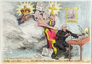 Vyčuchání krysy aneb Rozrušený ateistický revolucionář ve svých Půlnočních „Výpočtech“, které vydala Hannah Humphrey v roce 1790 (ručně kolorovaný lept) od James Gillray
