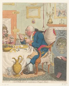 Spotpret na George III, 1792 Temperance si užívá skromné jídlo (název na předmětu) od James Gillray