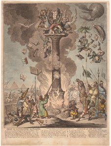 Karikatura francouzské expedice do Egypta, 1799 Siege de la Colonne de Pompee / Věda na pranýři (název na předmětu) od James Gillray