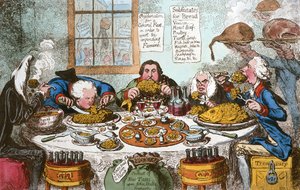 Substitutes for Bread, or Right Honourables Saving the Loaves  Dividing the Fishes (Náhražky chleba aneb Praví ctihodní zachraňují chleby a dělí ryby), vydala Hannah Humphrey v roce 1795 (ručně kolorovaný lept) od James Gillray