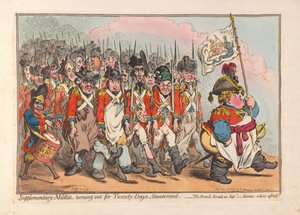 Doplňková milice, vyráží na Twenty Days Amusement, hospoda. 1796 (ručně kolorovaná rytina) od James Gillray