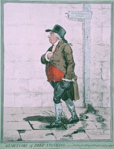 Symptoms of Deep Thinking, publikoval Hannah Humphrey v roce 1800 (ručně kolorovaný lept) od James Gillray