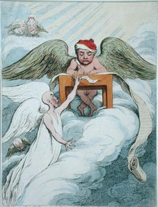 The Accusing Spirit and the Recording Angel, vydané Hannah Humphrey v roce 1791 (ručně kolorovaný lept) od James Gillray