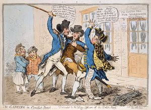 The Caneing in Conduit Street, vydal Hannah Humphrey, 1796 (ručně kolorovaný lept)