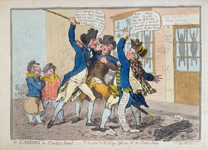 The Caneing in Conduit Street, vydané Hannah Humphrey v roce 1796 (ručně kolorovaný lept) od James Gillray