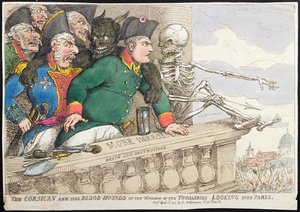 The Corsican and his Blood Hounds at the Window of the Tuileries, Looking over Paris, vydal Hannah Humphrey v roce 1815 (ručně kolorovaný lept)