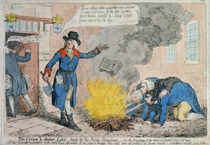 The Crown und Anchor Libel burnt by the Public Hangman, vydáno Hannah Humphrey v roce 1795 (ručně kolorovaný lept)