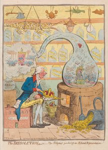 The Dissolution aneb The Alchymist produkující Aetherial Representation, pub. 1796 (ručně kolorovaná rytina)