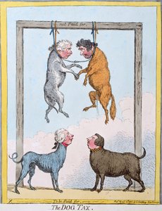 Psí daň, kterou vydala Hannah Humphrey v roce 1796 (ručně kolorovaný lept)