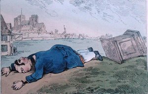 The Fall of Dagon, aneb Rare News for Leadenhall Street, publikoval William Humphrey v roce 1784 (ručně kolorovaný lept) od James Gillray
