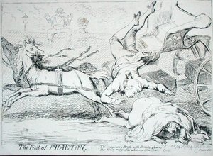 The Fall of Phaeton, vydané nakladatelstvím S.W. Fores v roce 1788 (lept) od James Gillray