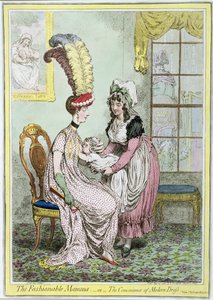The Fashionable Mamma, aneb The Convenience of Modern Dress, vydaná v roce 1796 (barevná rytina) od James Gillray
