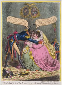 První polibek za deset let! nebo The Meeting of Britannia und Citizen Francois, vydané Hannah Humphrey v roce 1803 (ručně kolorovaný lept s akvatintou)