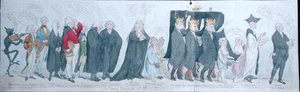 Pohřební průvod slečny Regency, vydaný S.W. Fores v roce 1789 (ručně kolorovaný lept) od James Gillray