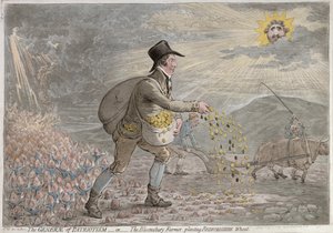 The Generae of Patriotism, or The Bloomsbury Farmer planting Bedfordshire Wheat, vydala Hannah Humphrey v roce 1796 (ručně kolorovaný lept)