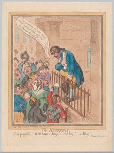 Hustingovi. Vox Populi Dobře si dejte hrnek! Hrnek! Hrnek!, hospoda. 1796 (ručně kolorovaná rytina)